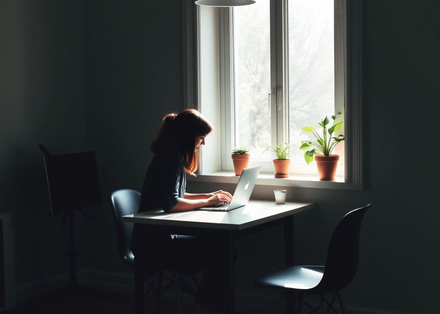 A person working at a small table beside a window with plants