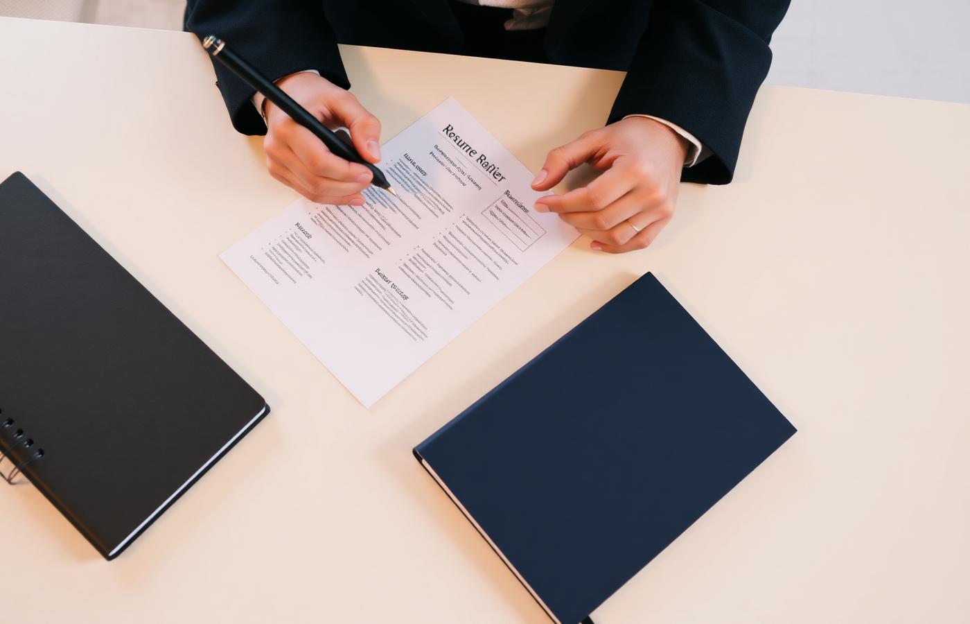 Hands reviewing a printed resume with notebooks on a desk